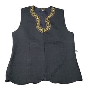 Mary McFadden Navy Blue Brocade Embroidered Gold Beaded Neck Line Vest